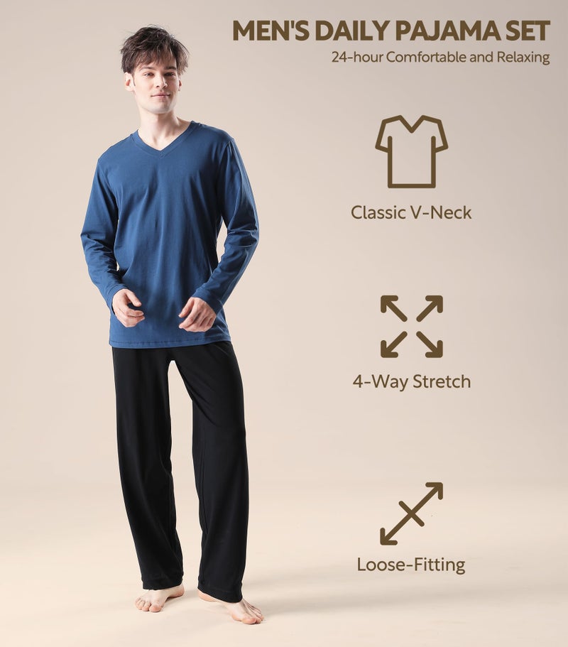 DAVID ARCHY Men's Pajamas Set Soft Cotton Long Sleeve Sleepwear Comfy Loungewear Pjs with Pockets (M, Navy Blue) - Image 3